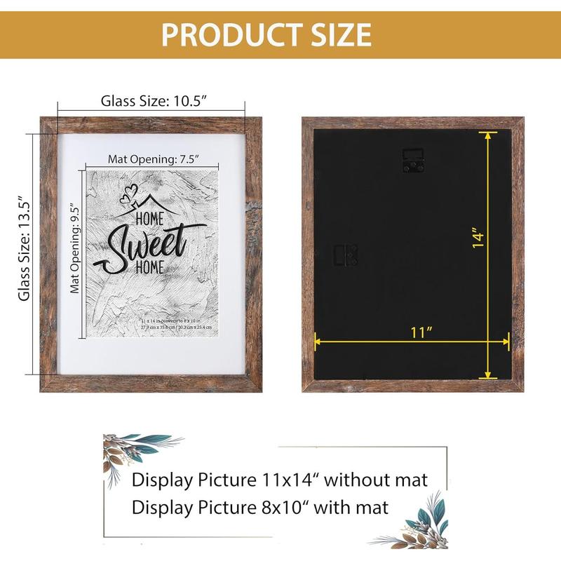 Rustic Brown 11x14 Picture Frame - Display Photos 8x10 with Mat or 11x14 Without Mat - Real Glass Inside - Set of 2