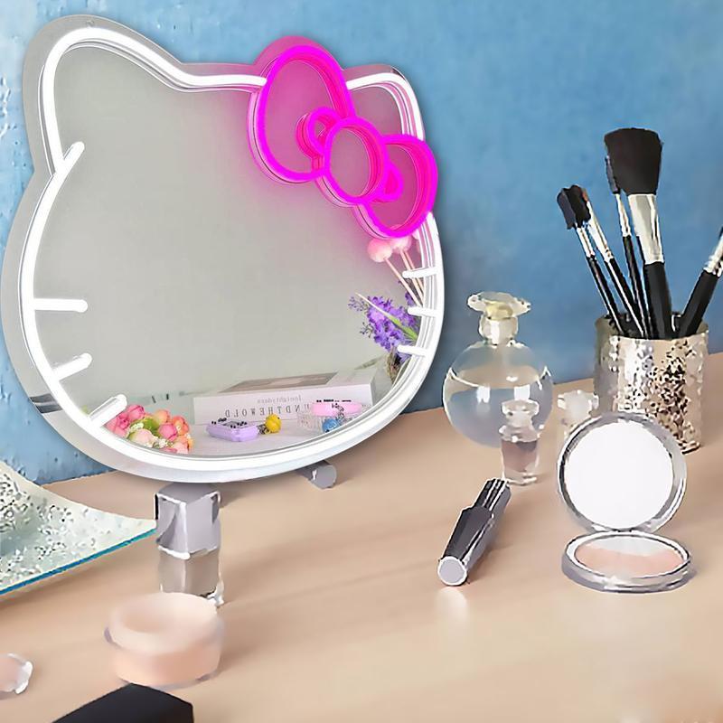 Kitty face Home Decor Mirror Kitty face shape Mirror, Bedroom Wall Mirror, Anime Neon Sign for Dresser, Locker Room,Living Room, Neon Light up Acrylic Mirror with Dimmable