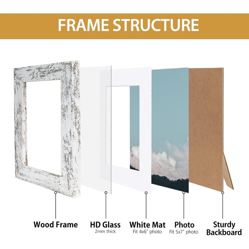 Rustic White 5x7 Picture Frame - Display Photos 4x6 with Mat or 5x7 Without Mat - Real Glass Frames for Wall and Tabletop - Set of 2