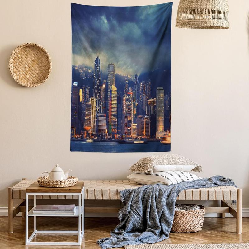 Cityscape Tapestry, Hong Kong Cityscape Stormy Weather Cloudy Sky Seaside Harbor Magnificent View, Bedroom Living Room Dormitory Decorative Wall Hanging, 40