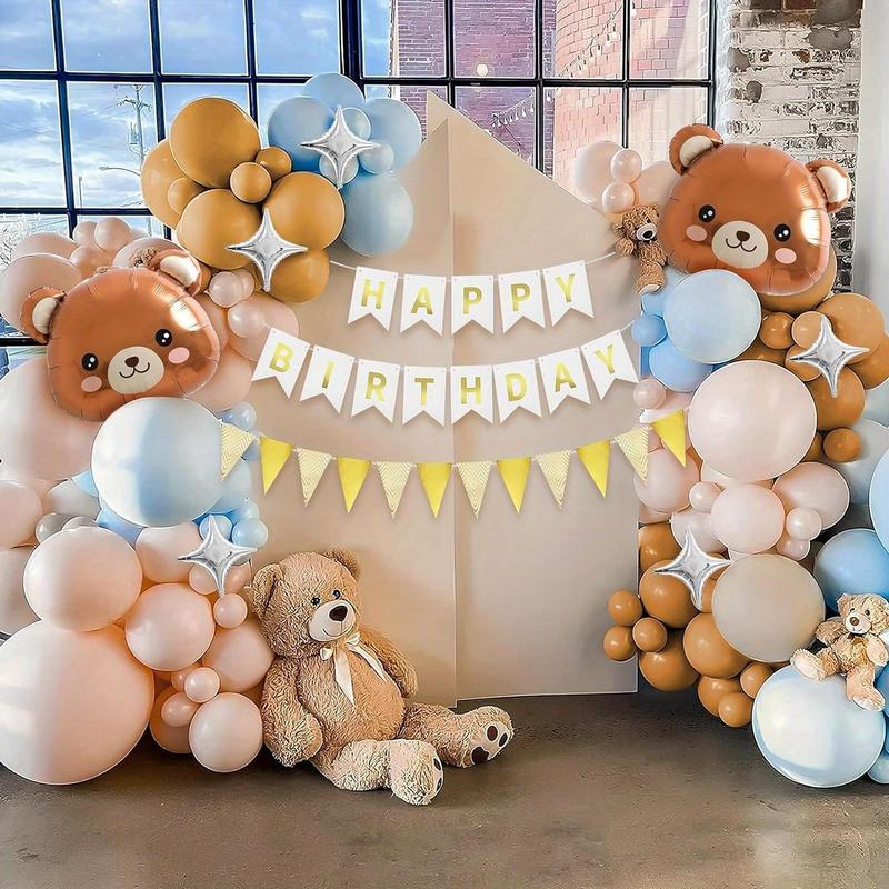 Cartoon Bear Themed Balloon Arch Kit, 109pcs Birthday Balloon Garland Set with 2 Counts Hanging Banner & 2 Counts Tape, Birthday Party Decoration Supplies