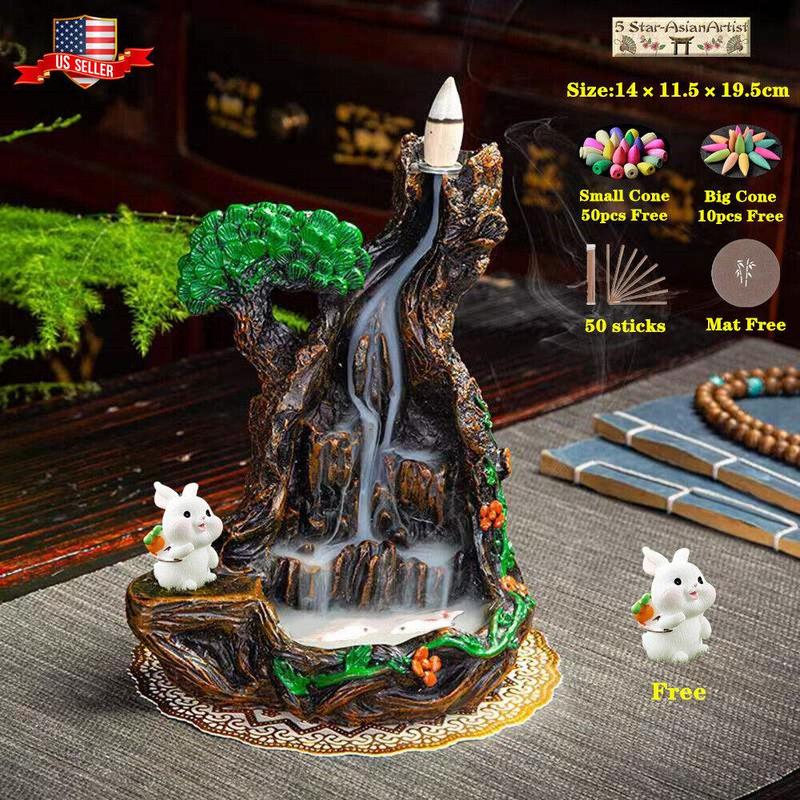 Backflow Incense Cone Burner Mountain Waterfall FY032 033 & 60pcs Cones Gift