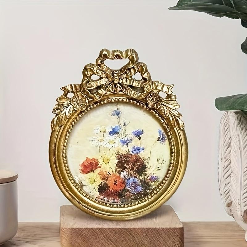 Vintage-Inspired Mini Bowknot Round Photo Frame - Resin, Vertical Orientation for Desktop Display - Perfect for Home & Office Decor