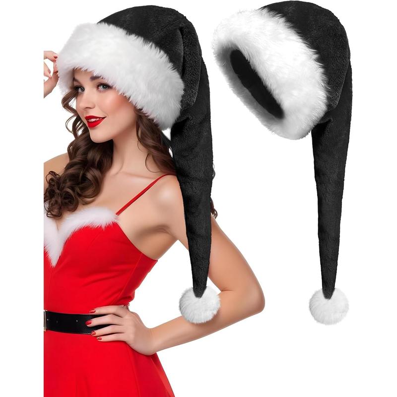 Christmas Black Santa Hat Long, Adults Deluxe Black and White Xmas Christmas Hat for Black Christmas Theme New Year Festive Holiday Party Supplies