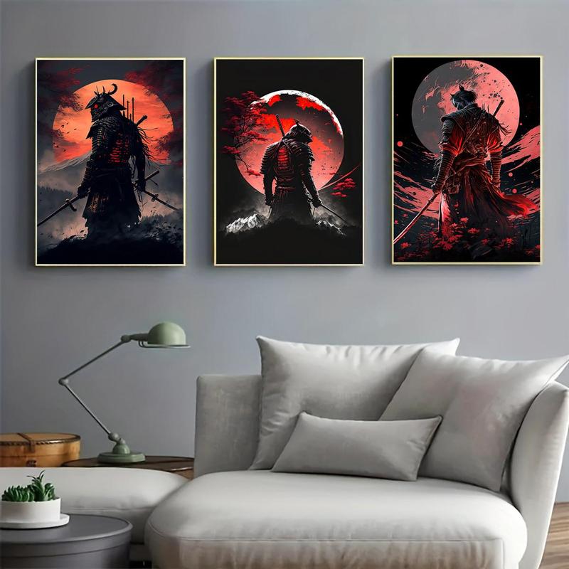 Samurai Pattern Canvas Painting without Frame, 3 Counts set Moon & Samurai Pattern Wall Art Painting, Wall Art Decor for Living Room Bedroom Office