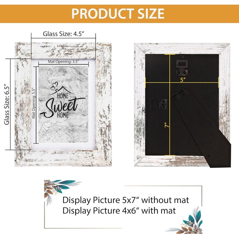 Rustic White 5x7 Picture Frame - Display Photos 4x6 with Mat or 5x7 Without Mat - Real Glass Frames for Wall and Tabletop - Set of 2