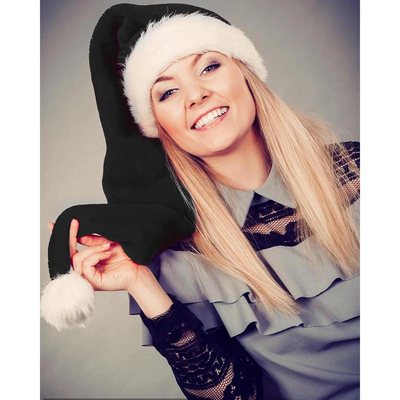 Christmas Black Santa Hat Long, Adults Deluxe Black and White Xmas Christmas Hat for Black Christmas Theme New Year Festive Holiday Party Supplies