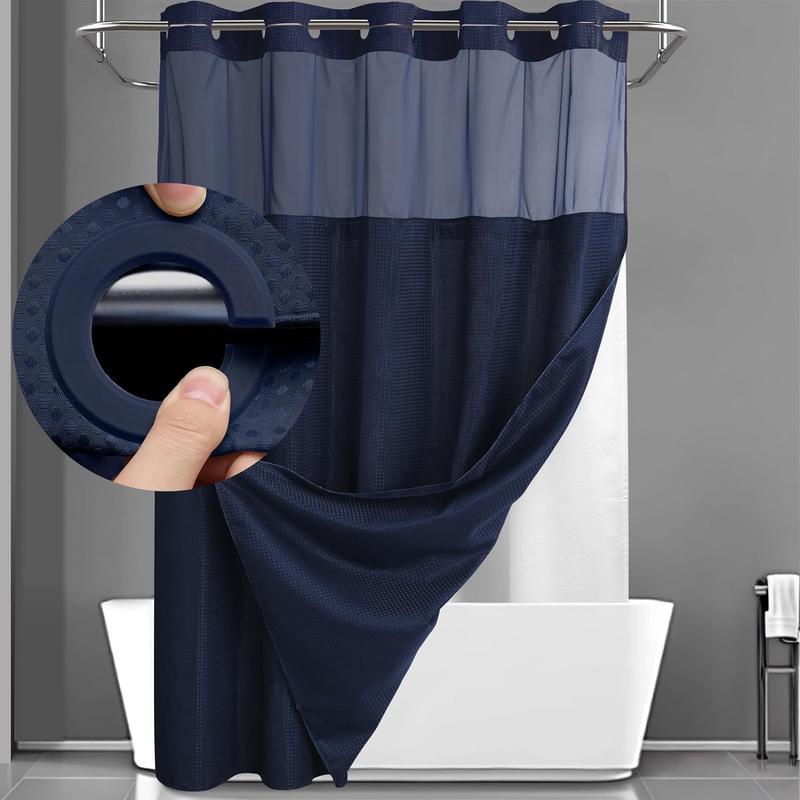 No Hook Shower Curtain with Snap in Liner Set Grey Waffle Shower Curtain for Bathroom 75