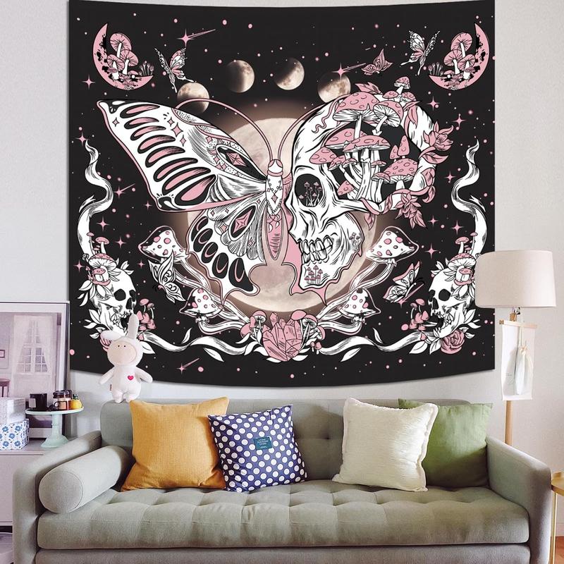 Butterfly Moon Tapestry for Bedroom Aesthetic, Skull Flower Mushroom Stars Dorm Wall Hanging, Black and Pink Cute Moth Plant Hippie Art Tapestries Decorations for Living Room Home (60'' x 79'')