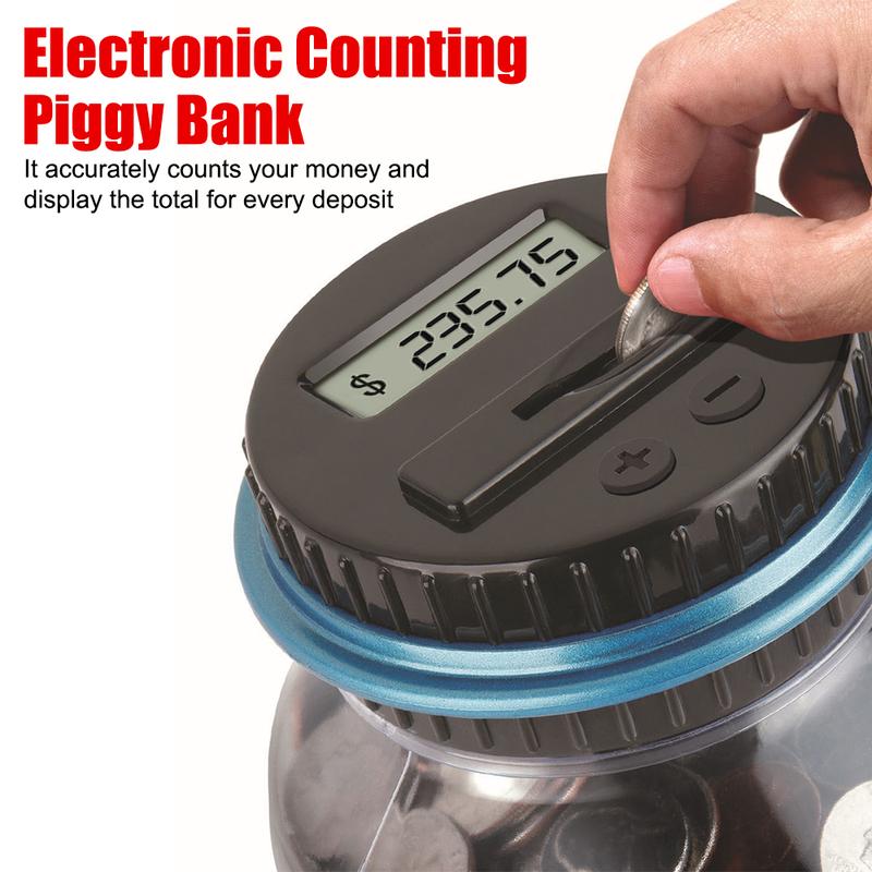 Large Capacity DigitalCounting Money Jar with LCD Counterfor All  Coins, 1.8L Capacity CoinCounter Machine Gift for Children Adult. Piggy Ornaments wooden money