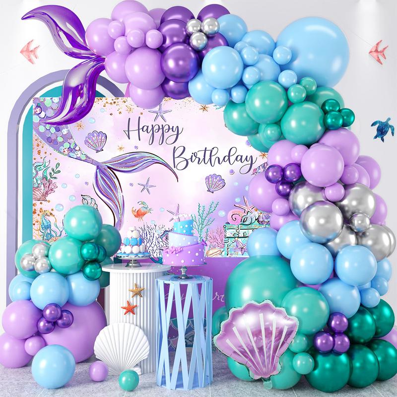 Mermaid Balloon Tablecloth Backdrop Set,109pcs Purple Shell Foil Balloon Mermaid Tail Birthday Decor ,Girls Mermaid Birthday Latex Balloon Decoration