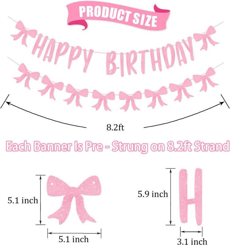 Pink Bow Happy Birthday Banner, Coquette Birthday Decorations  Bow Garland Bachelorette Party Decor  Bridal Shower Supplies for Girls Women 1st 10th 16th 20th 21st 25th 30th [Pre-Strung]