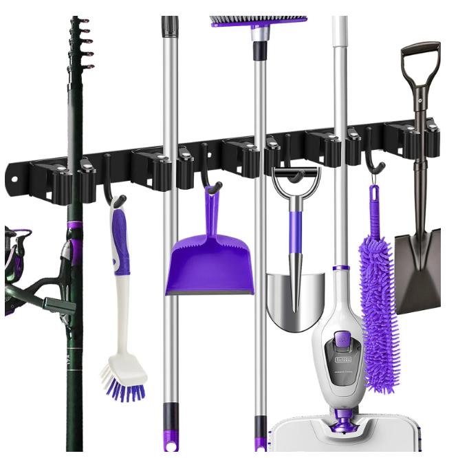 Matte Steel Broom Mop Holder Wall Mount with 5 Slots and 4 Hooks for Garage and Home Organization