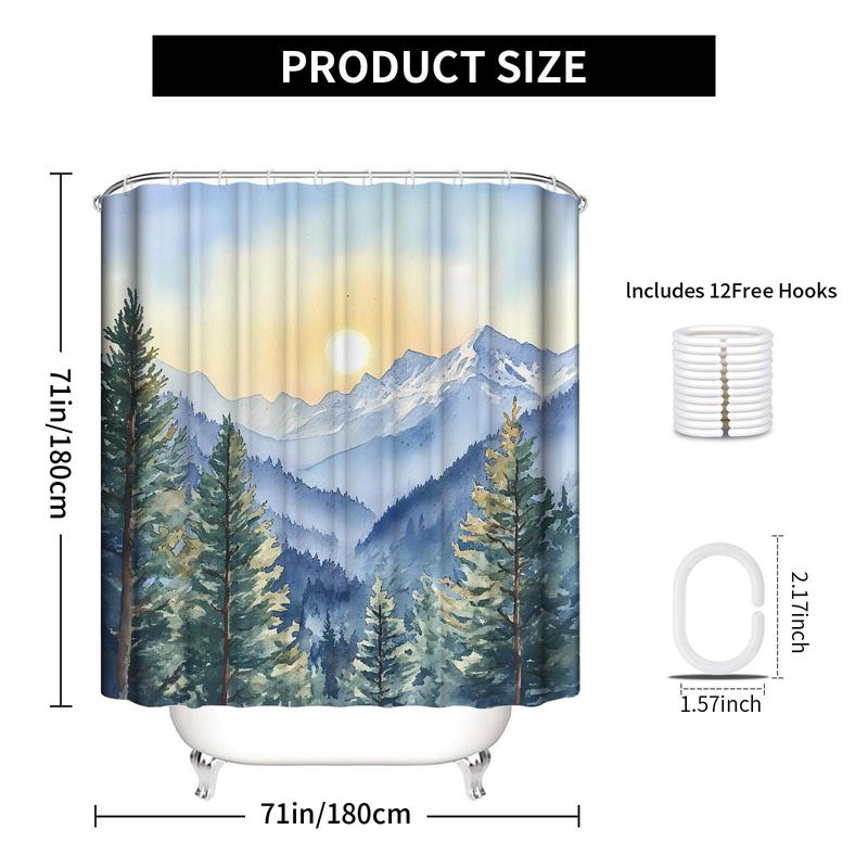 Landscape Pattern Shower Curtain, 1 Count Waterproof Fabric Shower Curtain with 12pcs Hooks, Bathroom Decor for Home Hotel Salon