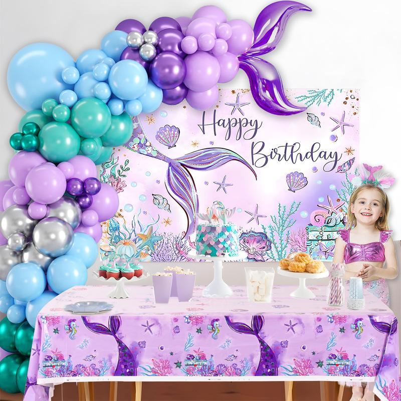 Mermaid Balloon Tablecloth Backdrop Set,109pcs Purple Shell Foil Balloon Mermaid Tail Birthday Decor ,Girls Mermaid Birthday Latex Balloon Decoration