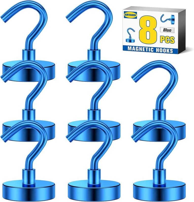 8Pack 35LBS Magnetic Hooks Heavy Duty - Strong Blue Magnetic Hooks for Hanging - Home, Kitchen, Workplace, Office