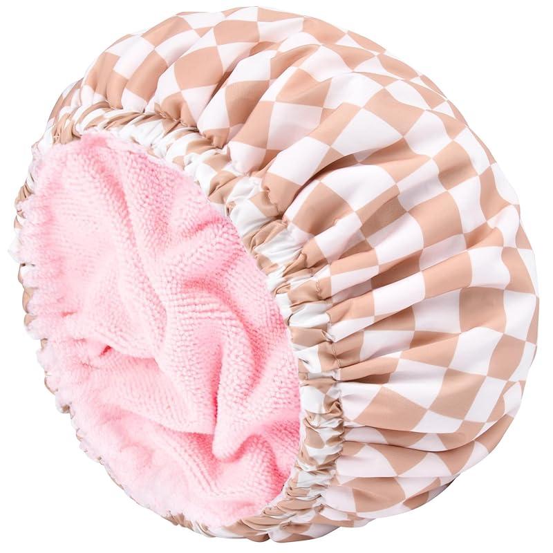 Shower Cap for Women Terry Lined Bath Cap Large Reusable Waterproof Elastic Band Pink Shower Caps for Long Thick Hair Soft Bath Shower Hair Caps