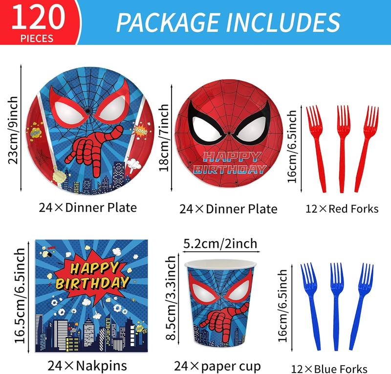 120 count Spider Birthday Party Supplies Spider Paper Plates and Napkins Set Red Blue Forks  Birthday Party Decorations Serve 24 Guests