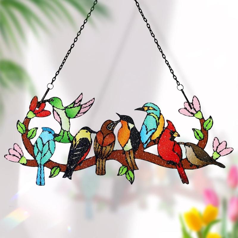 Birds On Branch Stained Glass Suncatcher Cardinal Hummingbird Kingfisher Double Side Glass Panel Window Hanging Decor Bird Ornament Bird Lover Gift for Mom Grandma