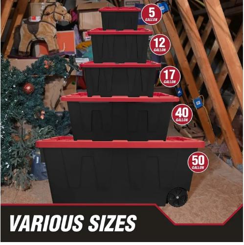 Hyper Tough 12 Gallon Snap Lid Stackable Plastic Storage Bin, Black Red