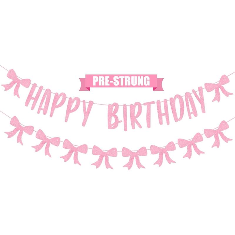 Pink Bow Happy Birthday Banner, Coquette Birthday Decorations  Bow Garland Bachelorette Party Decor  Bridal Shower Supplies for Girls Women 1st 10th 16th 20th 21st 25th 30th [Pre-Strung]