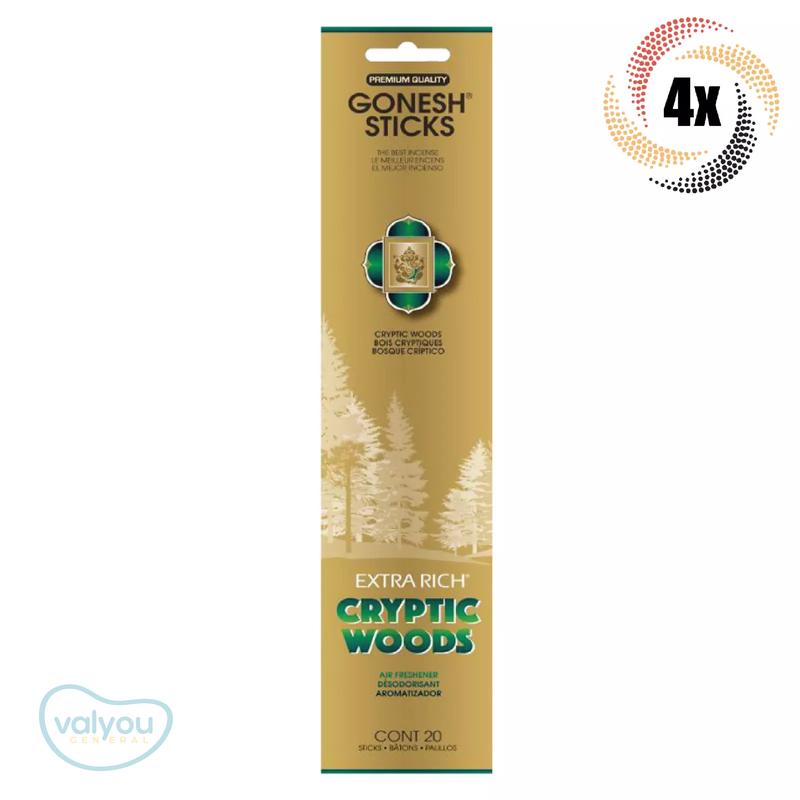 4x Packs | Gonesh Extra Rich Incense Sticks Cryptic Woods Scent | 20 Sticks Per Pack | Incense, Aromatherapy, Fragrance, Long Lasting Aroma