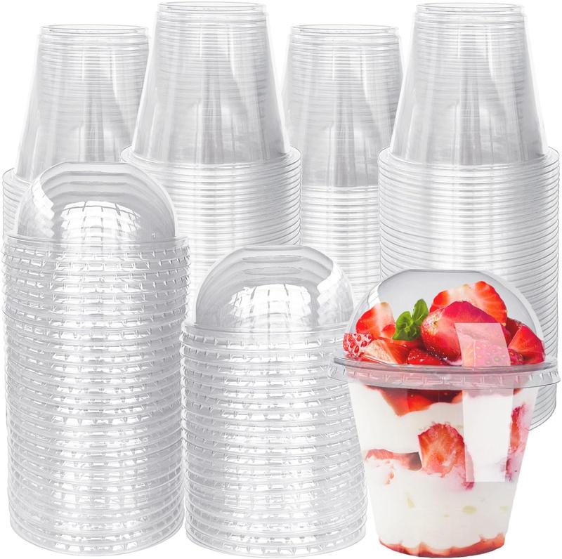 100 Pack 9 oz Clear Plastic Cups with Dome Lids,Crystal PET Dessert Cups,Disposable Plastic Parfait Yogurt Cup for Fruit,Ice Cream,Cupcake,Iced Cold Drinks