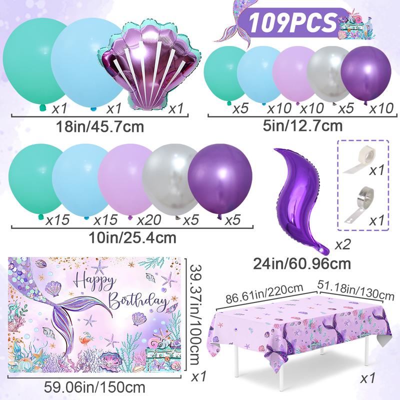 Mermaid Balloon Tablecloth Backdrop Set,109pcs Purple Shell Foil Balloon Mermaid Tail Birthday Decor ,Girls Mermaid Birthday Latex Balloon Decoration