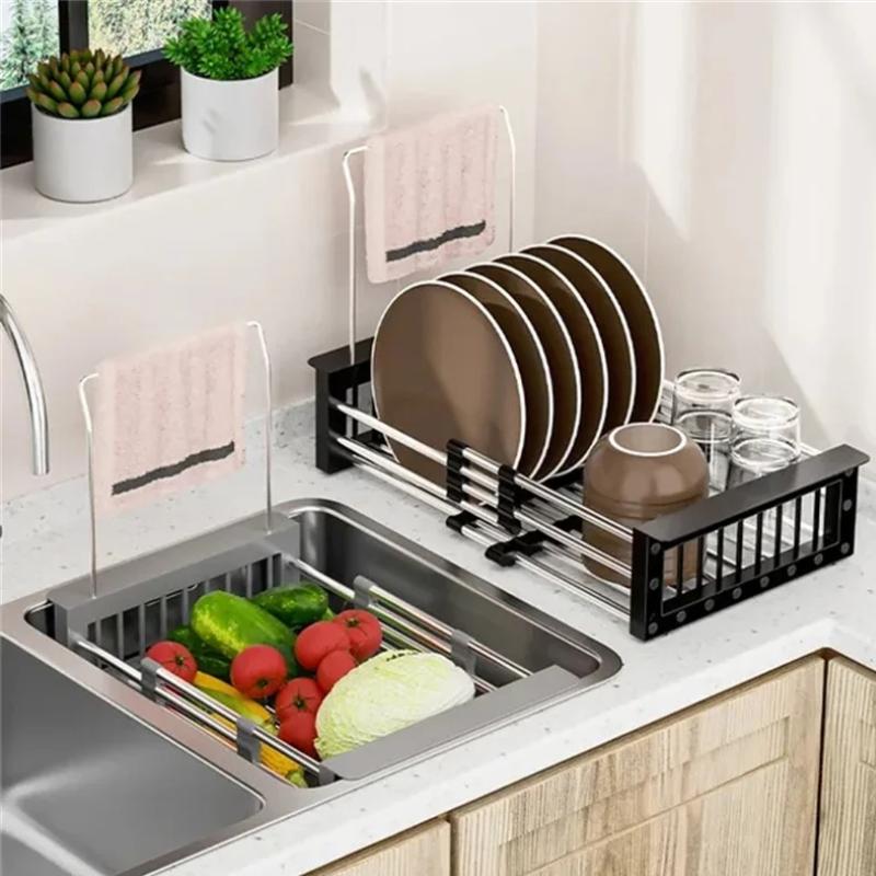 Adjustable Dish Drying Rack with Stainless Steel Drain Basket Over-The-Sink - Portable & Telescopic Space-Saving Solution for fruit vegetable Kitchen Organiser Nature