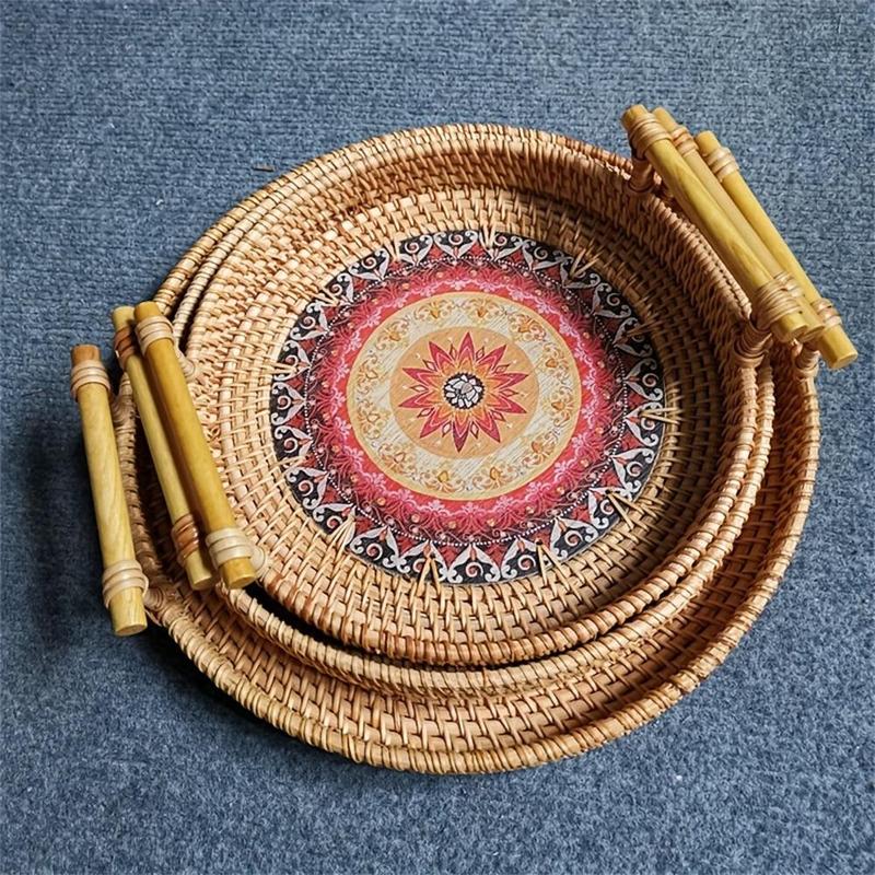 Round Rattan Wicker Basket, 1 Count  Handwoven Storage Basket with Handle, Desktop Storage Organizer for Home Kitchen Living Room