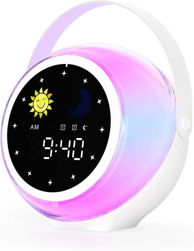 Kids Alarm Clock, Ok to Wake Clock for Toddlers with Sunrise & Moon for Bedroom Decor, Sleep Training Digital Clock with White Noise Sound & Night Light for Girls Boys (Pink-Blue)