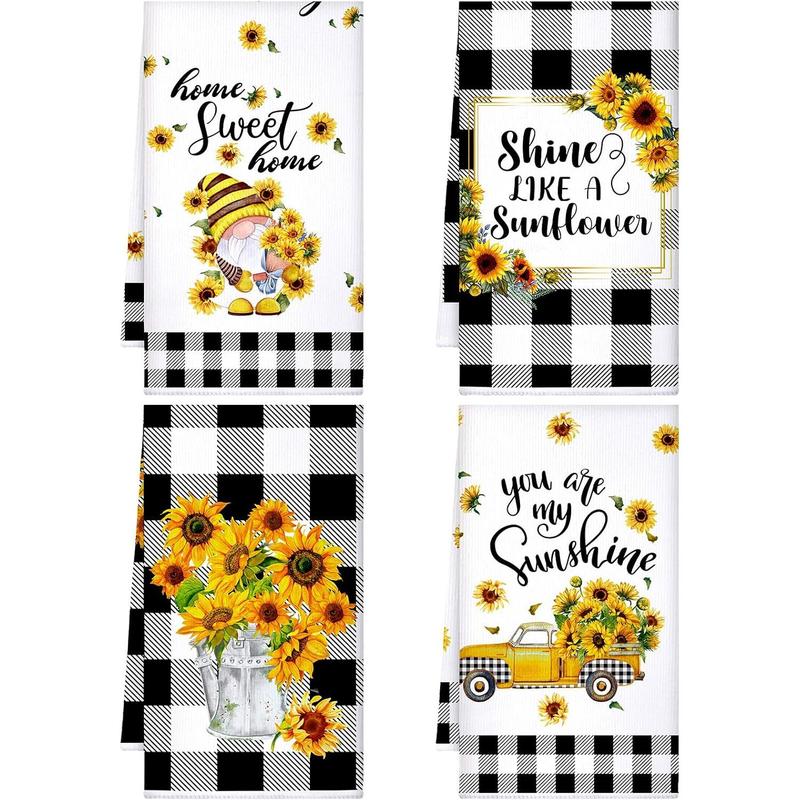 4 count Bee Sunflower Kitchen Towels Summer  Dish Towels Watermelon Lemon  Towels Sunshine Hand Towels Absorbent Plaid Towels for Holiday Bathroom Housewarming Gifts(Sunflower)