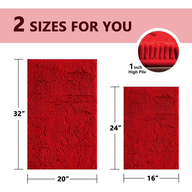 Bathroom Rugs Sets 2 count, Extra Soft Chenille Bath Mat Absorbent Bathroom Rug, Bathroom Mat with Sturdy PVC NonSlip Bottom, Machine Washable Bath Rugs (32x20 Inch + 24x16 Inch, Red)