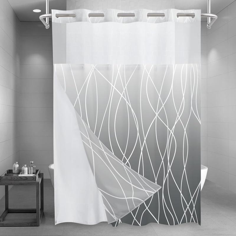 No Hook Grey White Striped Shower Curtain with Snap in Fabric Liner Set - Hotel Liner Set with See Through Mesh Top Window,Machine Washable Light Waterproof