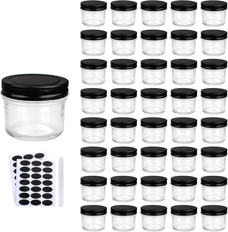 4oz Glass Jars With Lids,Small Mason Jars Wide Mouth,Mini Canning Jars With Black Lids For Honey,Jam,Jelly,Baby Foods,Wedding Favor,Shower Favors,Spice Jars For Kitchen & Home,Set of 40