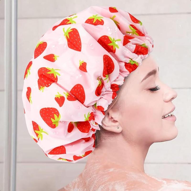 Shower Cap for Women Terry Lined Bath Cap Large Reusable Waterproof Elastic Band Pink Shower Caps for Long Thick Hair Soft Bath Shower Hair Caps