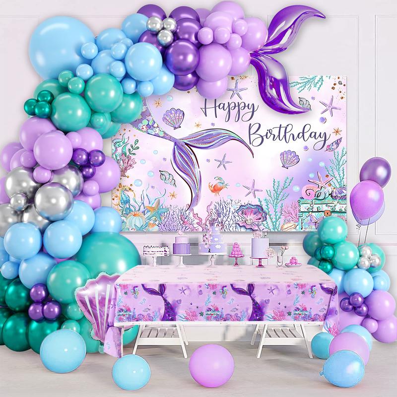 Mermaid Balloon Tablecloth Backdrop Set,109pcs Purple Shell Foil Balloon Mermaid Tail Birthday Decor ,Girls Mermaid Birthday Latex Balloon Decoration