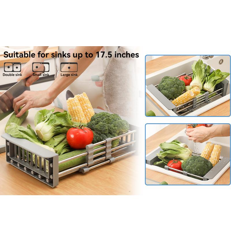 Adjustable Dish Drying Rack with Stainless Steel Drain Basket Over-The-Sink - Portable & Telescopic Space-Saving Solution for fruit vegetable Kitchen Organiser Nature