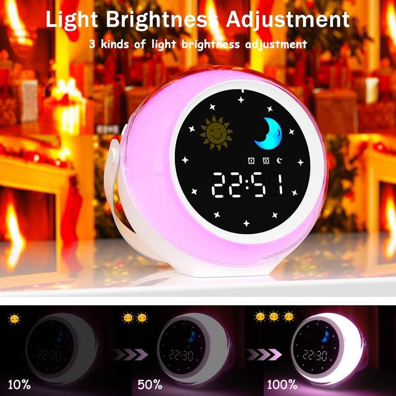 Kids Alarm Clock, Ok to Wake Clock for Toddlers with Sunrise & Moon for Bedroom Decor, Sleep Training Digital Clock with White Noise Sound & Night Light for Girls Boys (Pink-Blue)