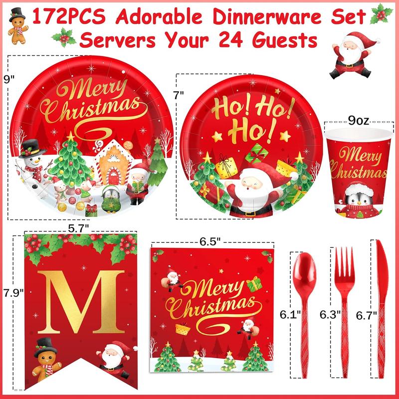 172Pcs Christmas Dinnerware Set Party Supplies Snowman Disposable Tableware Paper Plates and Napkins Banners Plastic tablecloths Cutlery Serves 24 for Merry Christmas Party Home Indoor Outdoor Decor