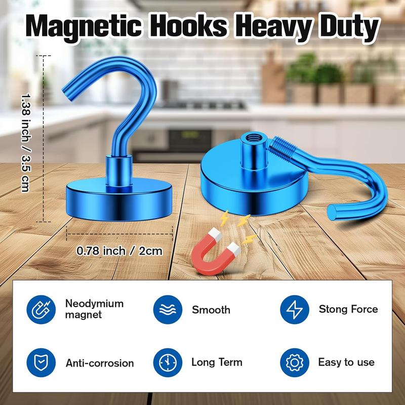 8Pack 35LBS Magnetic Hooks Heavy Duty - Strong Blue Magnetic Hooks for Hanging - Home, Kitchen, Workplace, Office