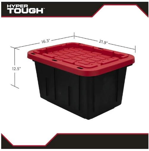 Hyper Tough 12 Gallon Snap Lid Stackable Plastic Storage Bin, Black Red