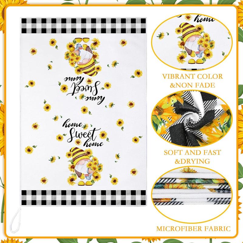 4 count Bee Sunflower Kitchen Towels Summer  Dish Towels Watermelon Lemon  Towels Sunshine Hand Towels Absorbent Plaid Towels for Holiday Bathroom Housewarming Gifts(Sunflower)