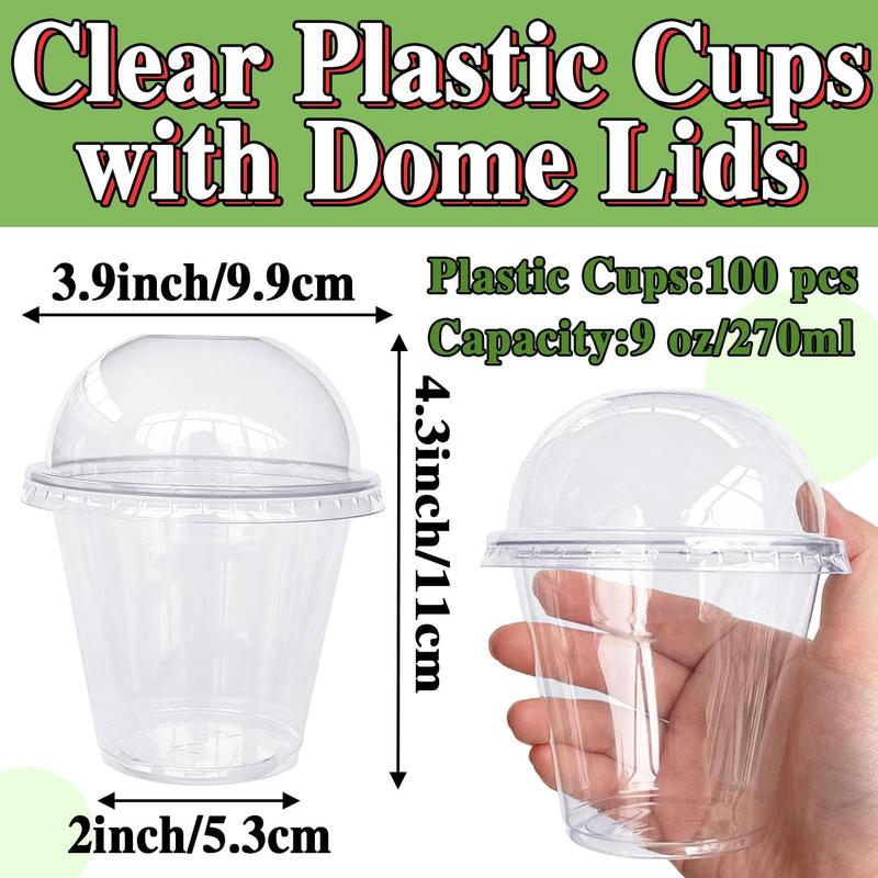 100 Pack 9 oz Clear Plastic Cups with Dome Lids,Crystal PET Dessert Cups,Disposable Plastic Parfait Yogurt Cup for Fruit,Ice Cream,Cupcake,Iced Cold Drinks