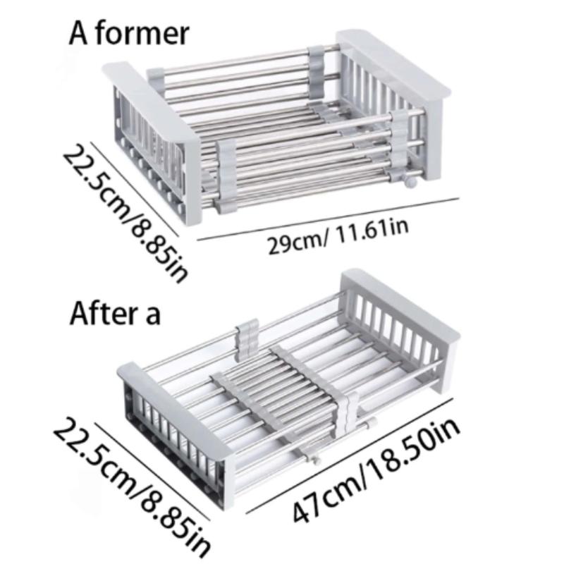 Adjustable Dish Drying Rack with Stainless Steel Drain Basket Over-The-Sink - Portable & Telescopic Space-Saving Solution for fruit vegetable Kitchen Organiser Nature