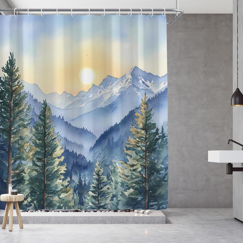 Landscape Pattern Shower Curtain, 1 Count Waterproof Fabric Shower Curtain with 12pcs Hooks, Bathroom Decor for Home Hotel Salon