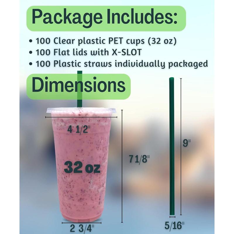 [100 SETS] 32 oz Clear Plastic Cups with Lids and STRAWS, Disposable Drinking Cups for Cold Drinks, Iced Coffee, Milkshakes, Smoothies