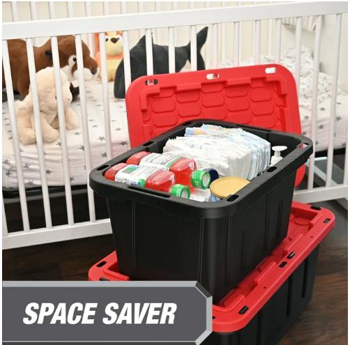 Hyper Tough 12 Gallon Snap Lid Stackable Plastic Storage Bin, Black Red