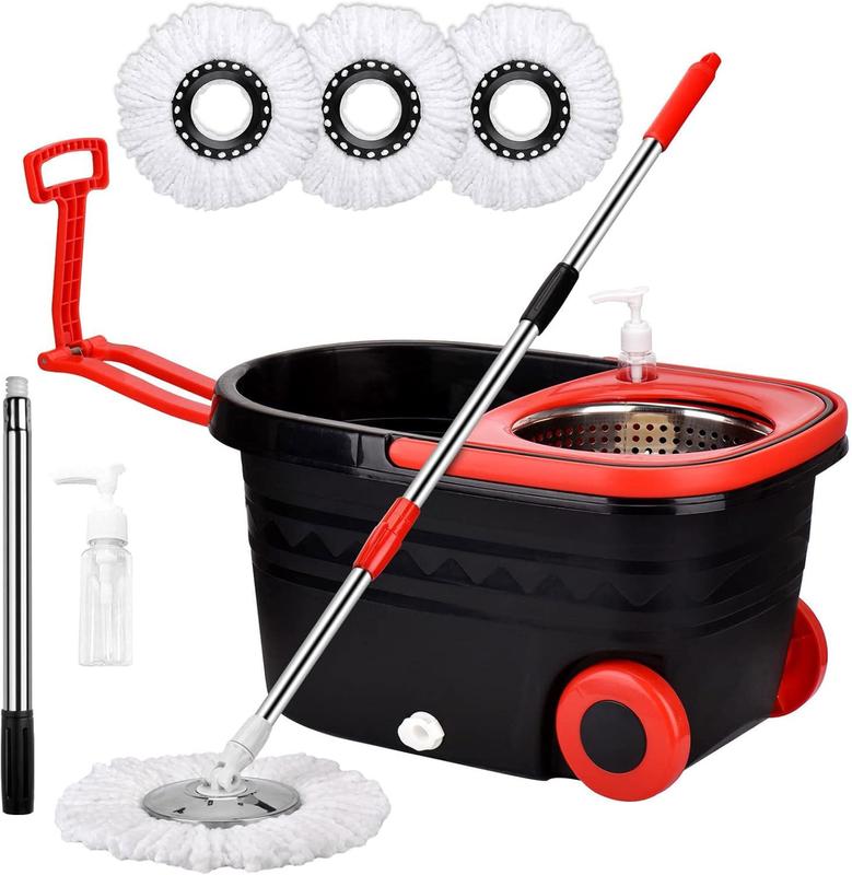 Spin Mop and Bucket with Wringer Set on Wheels, 360 Spinning Mop with Stainless Steel Handle for All Hard Surfaces, Floor Cleaning System with 3 Microfiber Replacement Heads, Black Red