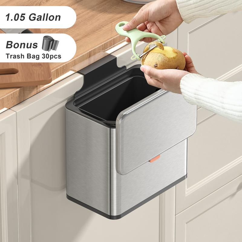 Mbillion Kitchen Compost Bin Hanging Trash Can with Lid 1.05 Gallon Stainless Steel Garbage Can for Kitchen Cabinet Door Mounted Trash Can Under Sink Door RV Bathroom,Silver